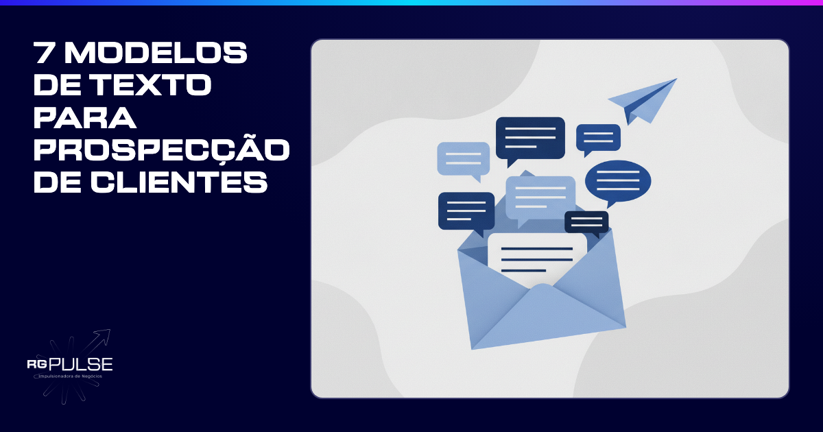 Título do artigo '7 modelos de texto para prospecção de clientes eficazes' em letras brancas sobre fundo azul escuro com detalhes gráficos de linhas e pontos conectando elementos, simulando uma rede.