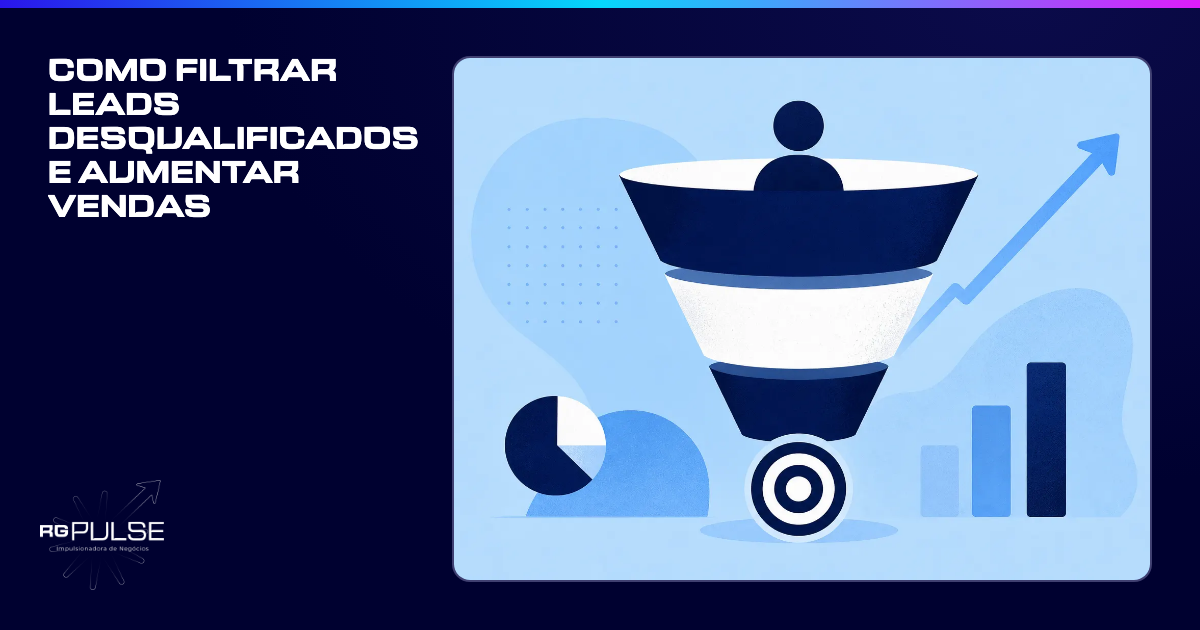 Um funil de vendas estilizado com um ícone de pessoa entrando e um ícone de alvo no centro, sobre um fundo azul claro com elementos gráficos abstratos de crescimento.