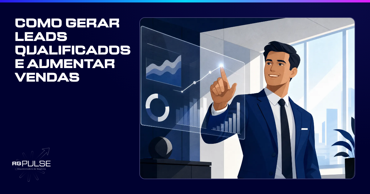 Um homem de negócios sorrindo e apontando para um gráfico de crescimento em uma tela transparente, em um escritório moderno.