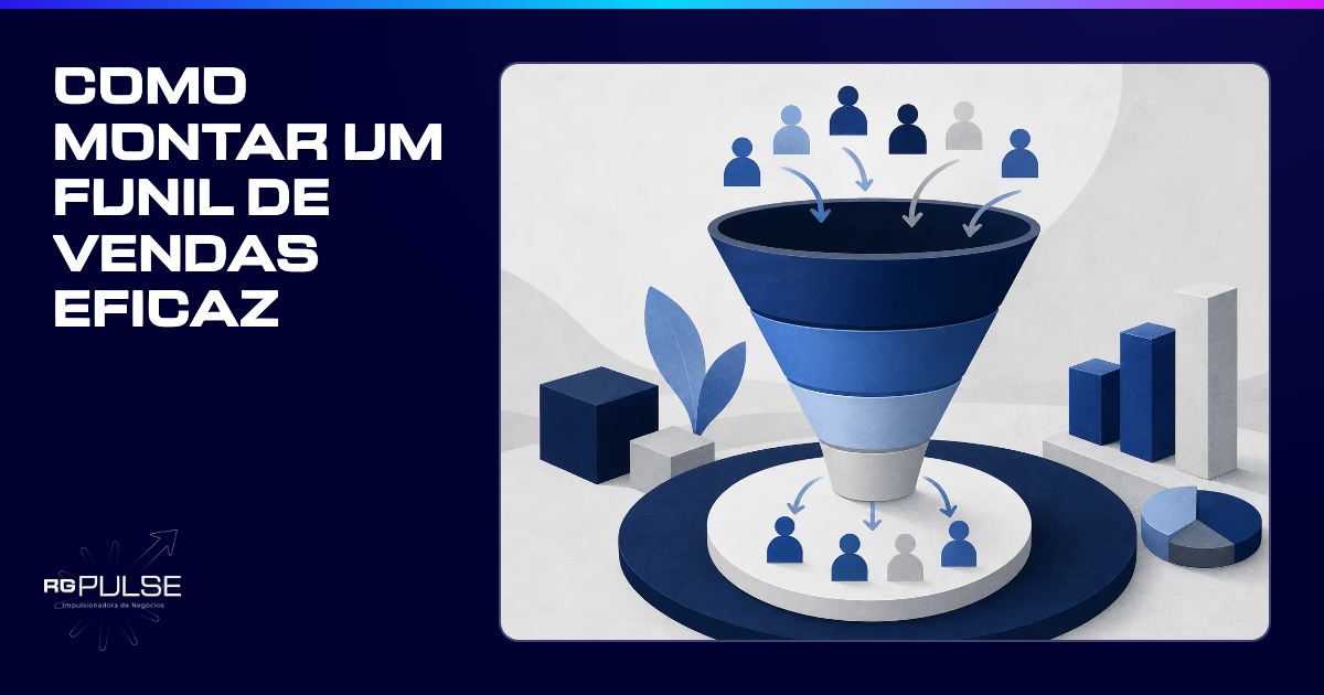 Um funil de vendas estilizado com setas indicando o fluxo de clientes, em tons de azul e cinza.