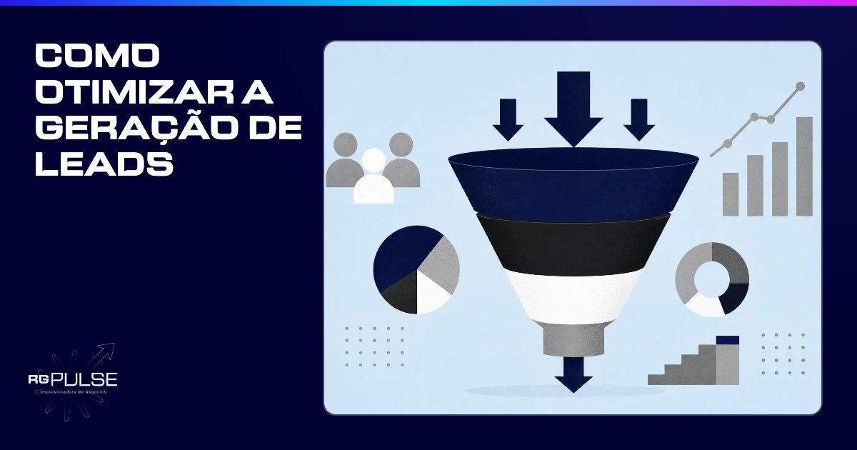 Um funil de vendas estilizado com setas apontando para baixo, sobre um fundo azul claro com elementos gráficos de negócios em tons de cinza.