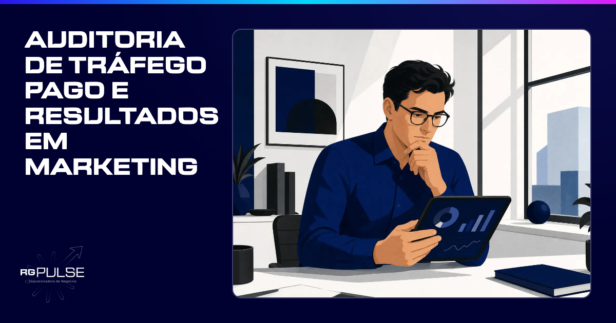 Um homem de óculos e camisa social azul, em plano médio, analisa gráficos em um tablet com a mão no queixo, em um escritório moderno com luz natural.