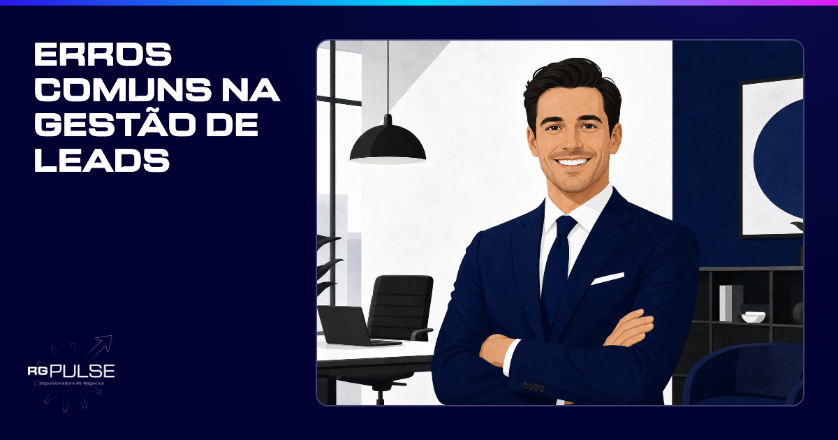 Um homem de negócios sorrindo, olhando para a câmera, com um fundo desfocado de um escritório moderno.