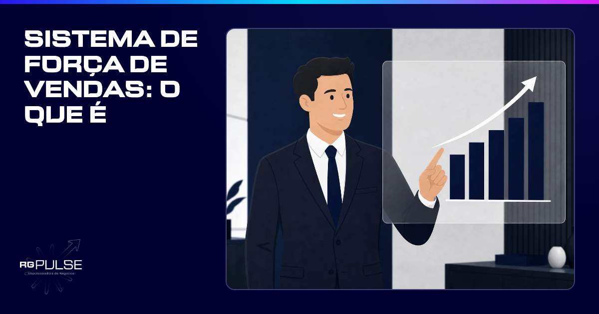 Um homem de terno sorri e aponta para um gráfico de barras ascendente em uma tela transparente, com um fundo desfocado de escritório.