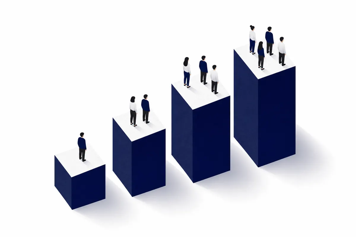 Gráfico de barras ascendente com ícones de pessoas em cima, representando crescimento de clientes, vista de cima, fundo branco.