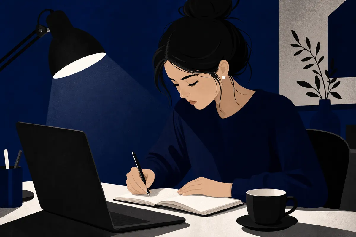 Mulher escrevendo em um caderno com uma caneta, sentada em uma mesa com um laptop e um copo de café, plano detalhe, luz de abajur.