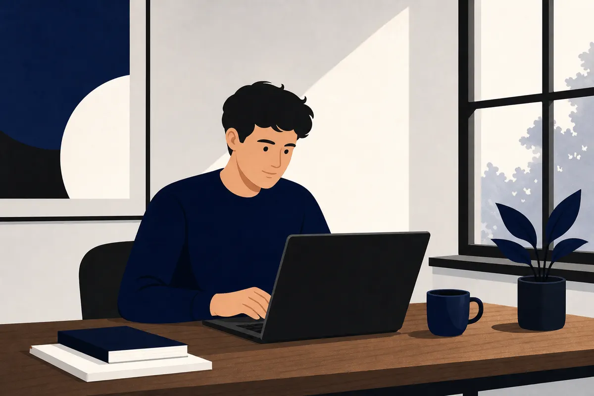 Pessoa usando um laptop em uma mesa de madeira, com uma xícara de café ao lado, plano médio, luz natural da janela.