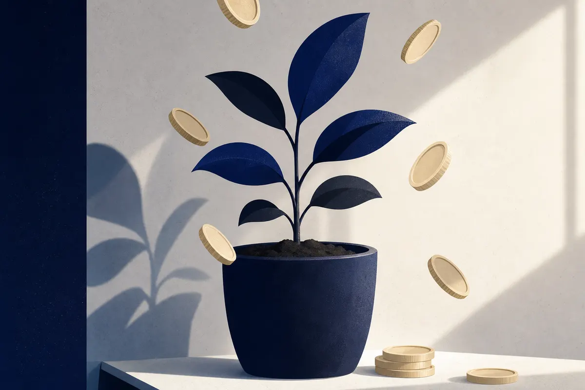 Uma planta crescendo em um vaso, com moedas caindo ao redor, simbolizando investimento e retorno, plano detalhe, luz de sol.