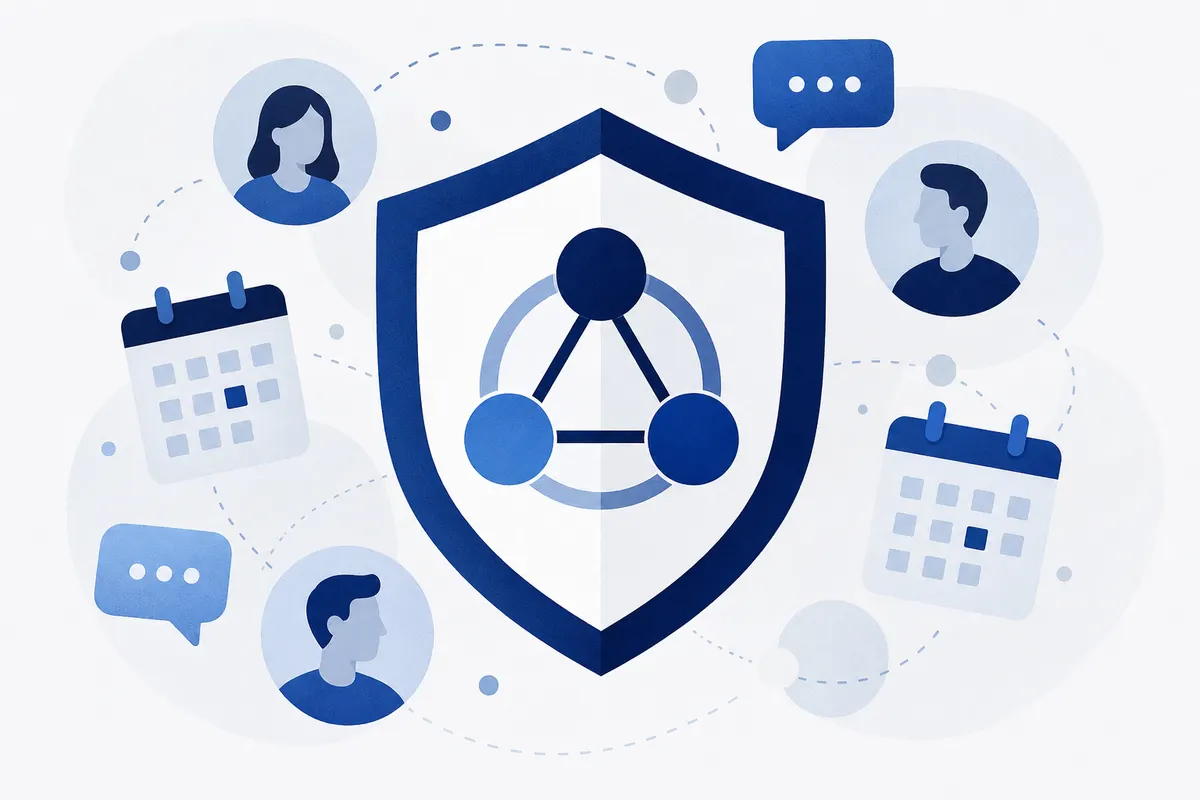 Um ícone de um sistema de CRM representado por um círculo conectado a vários outros ícones menores, simbolizando gerenciamento de clientes.