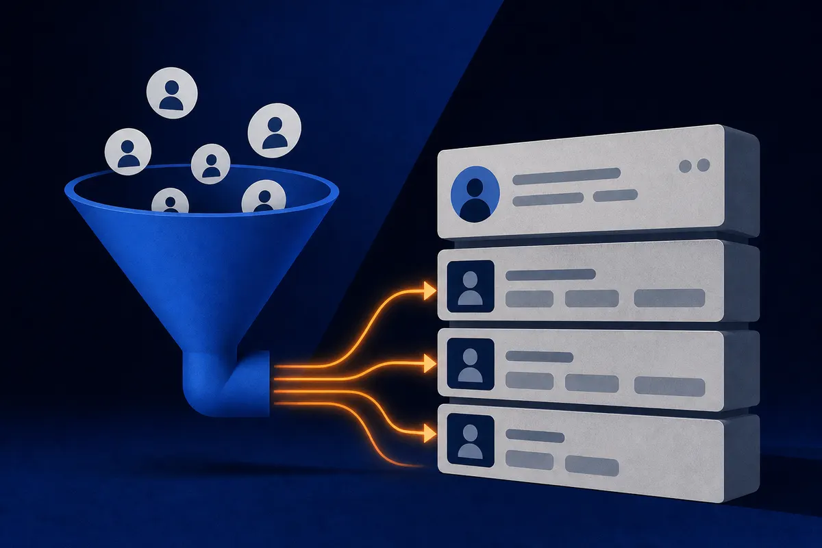 Uma ilustração mostrando a conexão entre um funil de vendas e um sistema de CRM, com setas indicando a integração.
