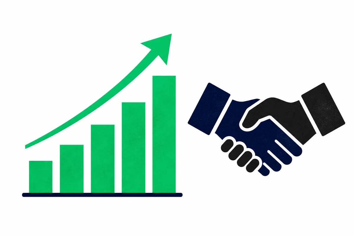 Um gráfico de barras ascendente ao lado de um ícone de aperto de mãos, representando o crescimento e sucesso de negócios.