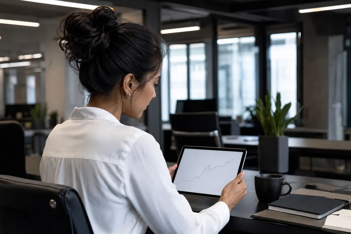 Mulher analisando um gráfico em um tablet em um ambiente de escritório, com foco em dados e crescimento.