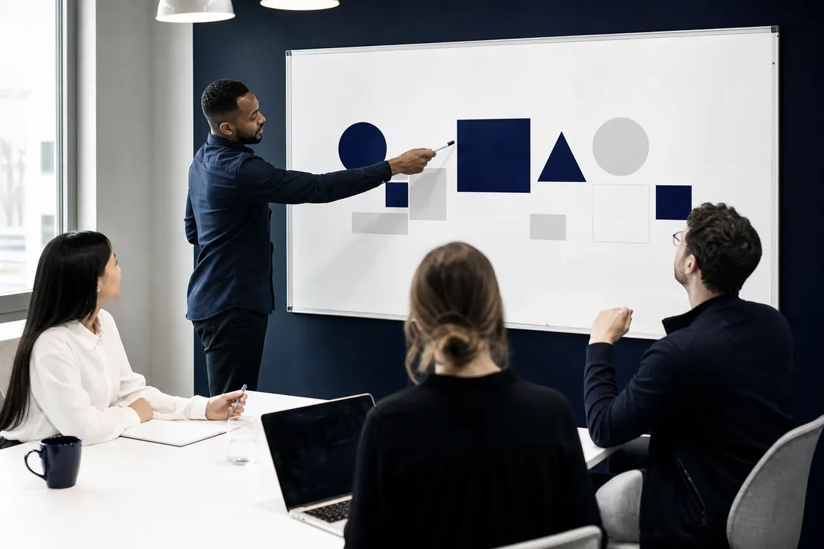 Grupo de pessoas em uma reunião de brainstorming em uma sala de conferências, discutindo ideias em um quadro branco.