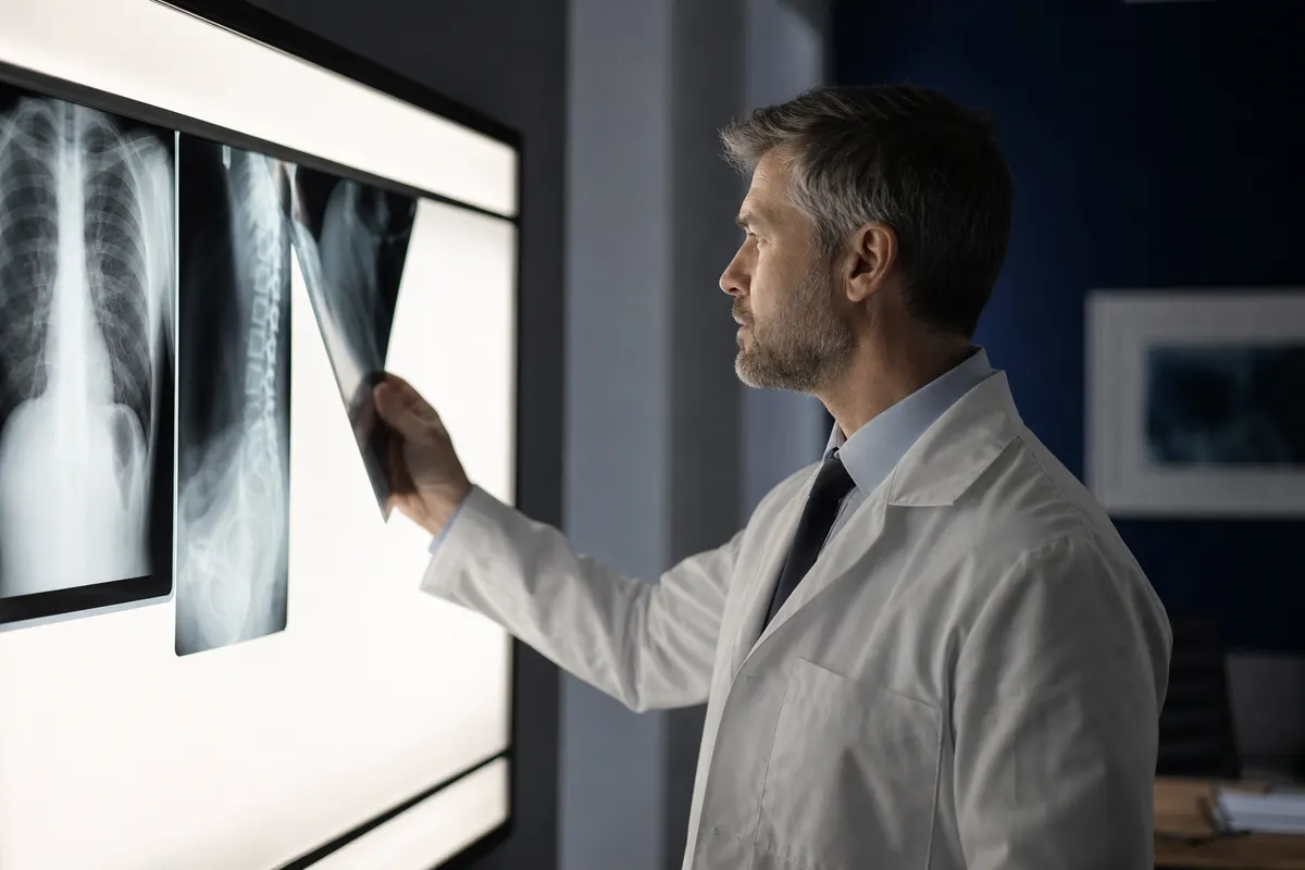 Um médico examinando um raio-x em uma sala de iluminação suave, com um estetoscópio pendurado no pescoço.