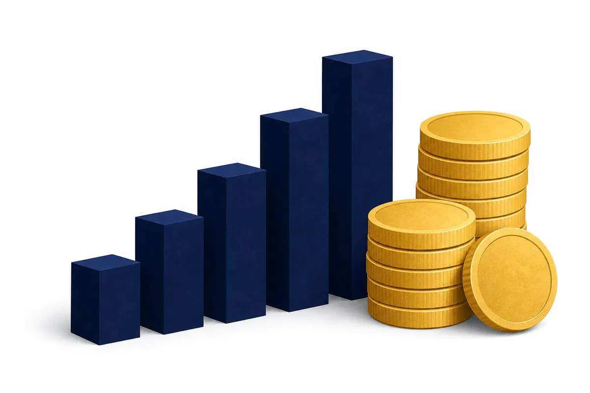 Gráfico de barras ascendente com moedas de ouro empilhadas ao lado em um fundo branco.