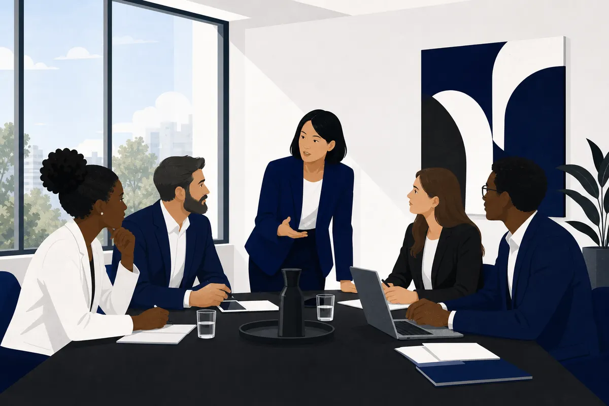 Um grupo de pessoas diversas em uma sala de reunião discutindo ideias em torno de uma mesa.