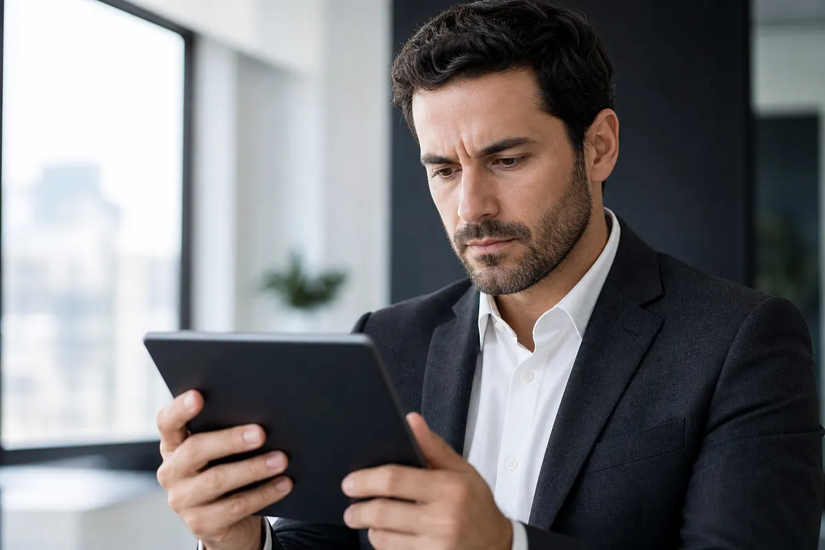 Um homem de terno escuro olha atentamente para um gráfico em um tablet, com uma expressão séria.