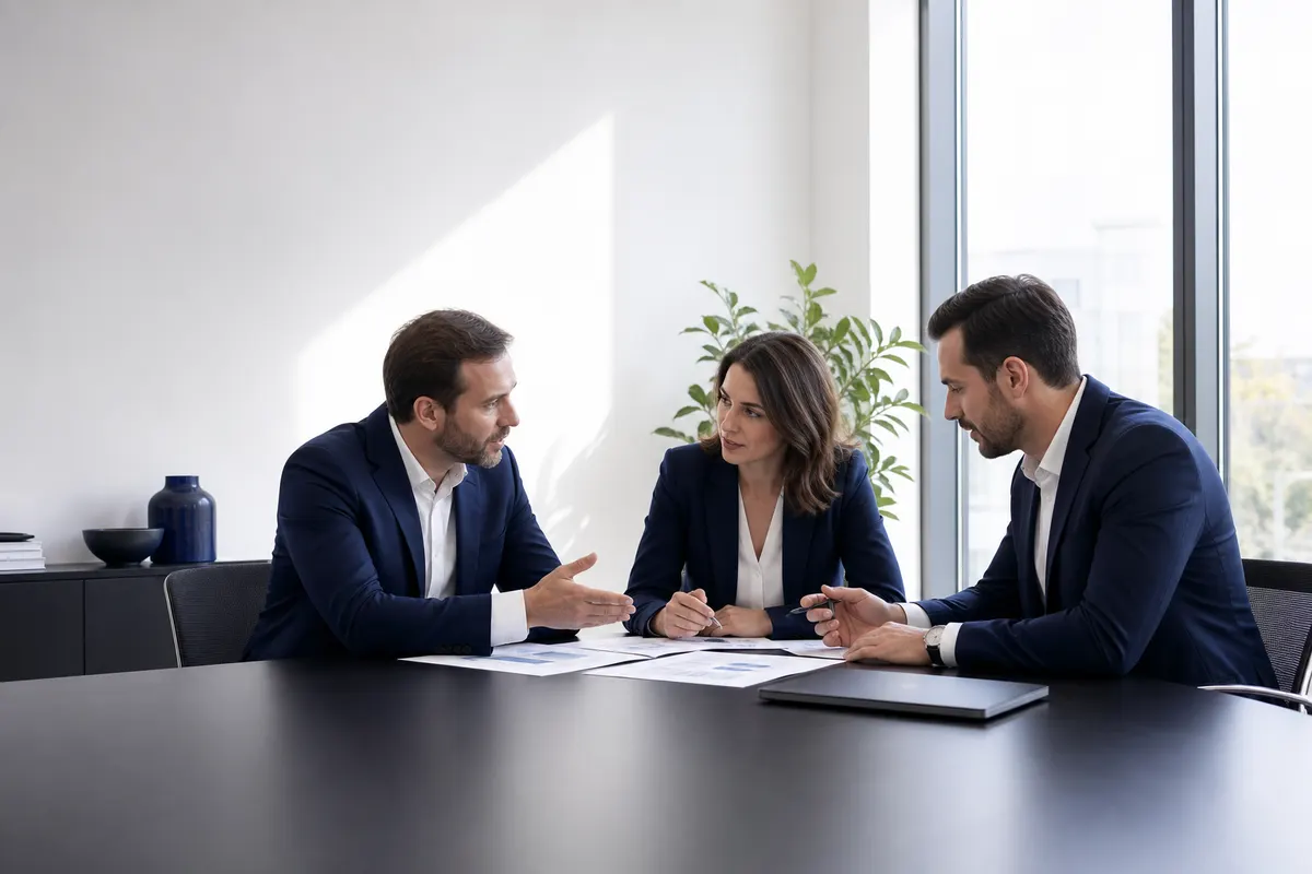 Um grupo de três pessoas em um escritório discute animadamente em volta de uma mesa com papéis e um laptop.
