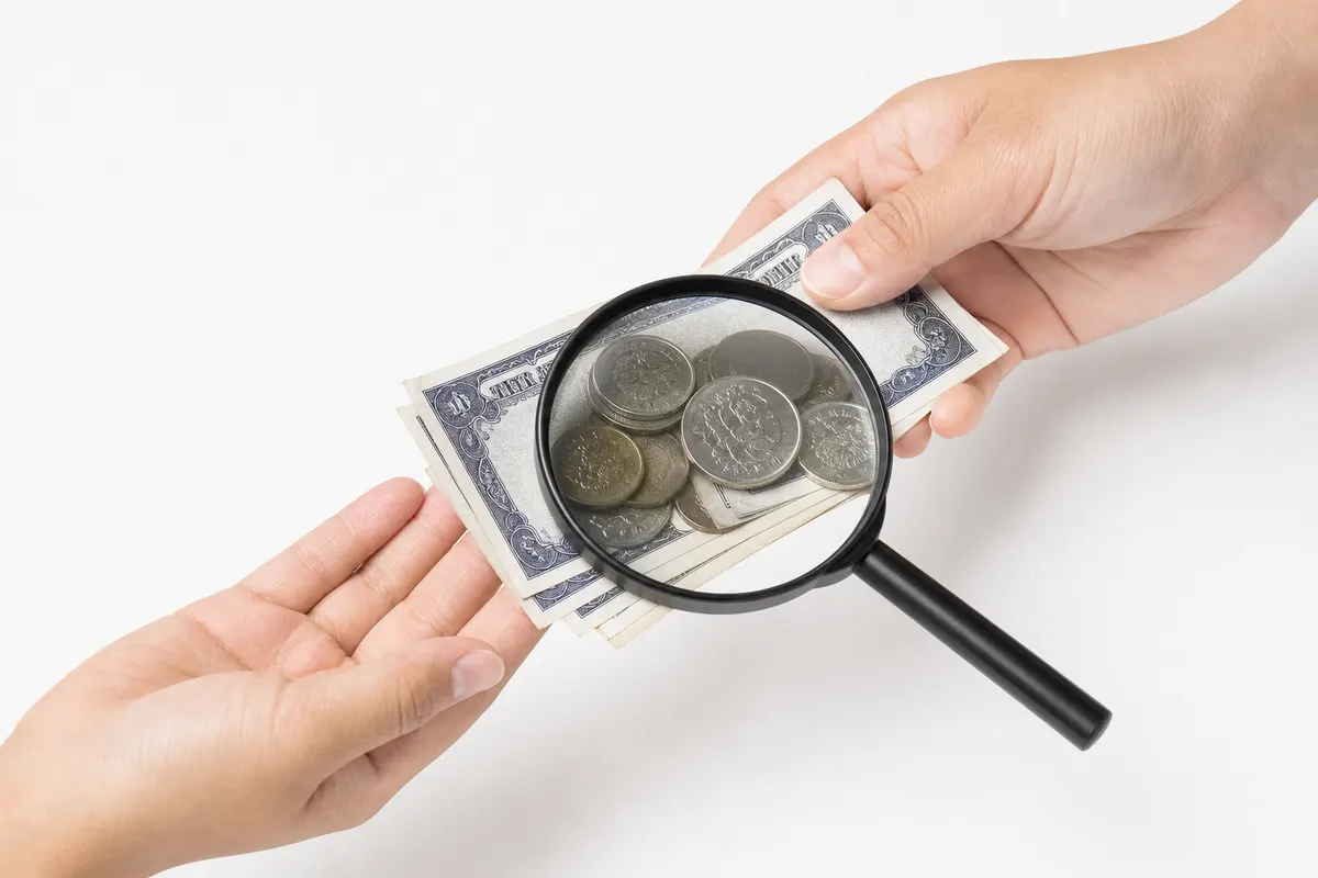 Duas mãos trocando notas de dinheiro e moedas em um fundo branco, com uma lupa sobre as moedas.