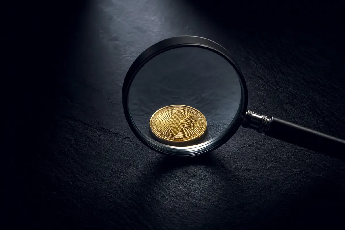 Um close-up de uma lupa examinando uma única moeda de ouro.