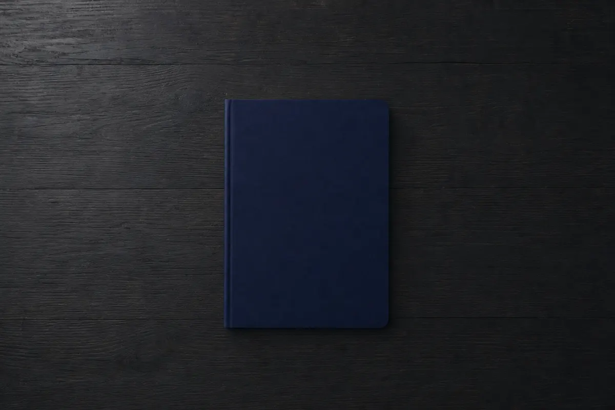 Um caderno fechado sobre uma mesa de madeira escura.
