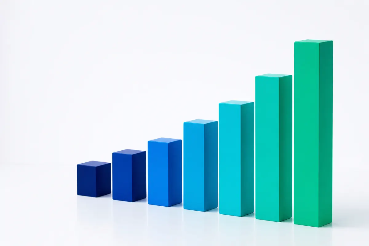 Um gráfico de barras ascendente em tons de azul e verde sobre um fundo branco.