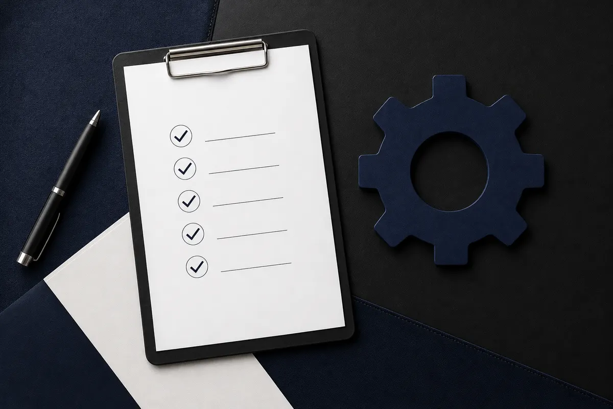 Uma lista de verificação com itens marcados e um ícone de engrenagem ao lado.
