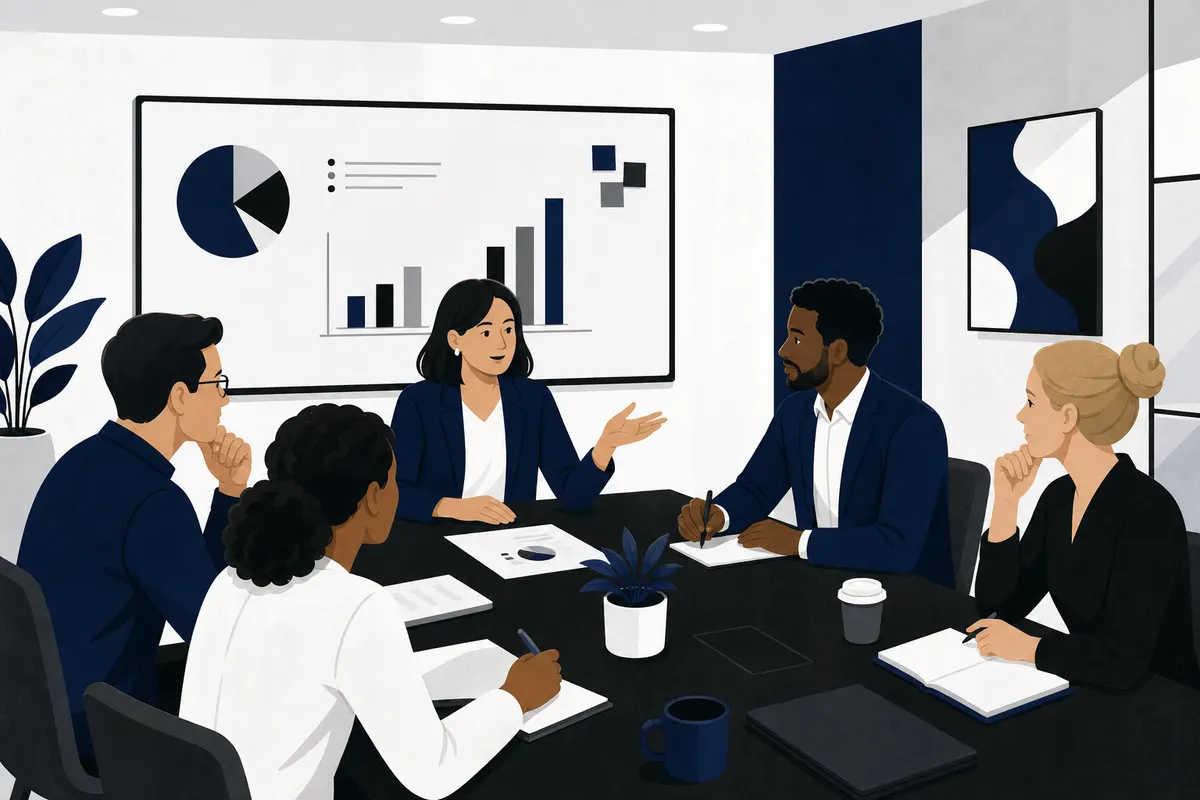 Um grupo de pessoas diversas em uma reunião de negócios, discutindo ideias em uma sala de conferências com uma lousa ao fundo