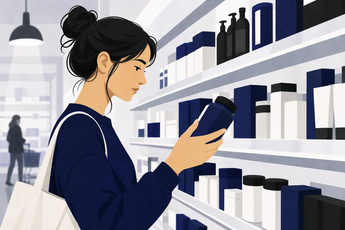 Uma mulher escolhendo entre diferentes produtos em uma prateleira de supermercado, com foco em produtos de mercearia