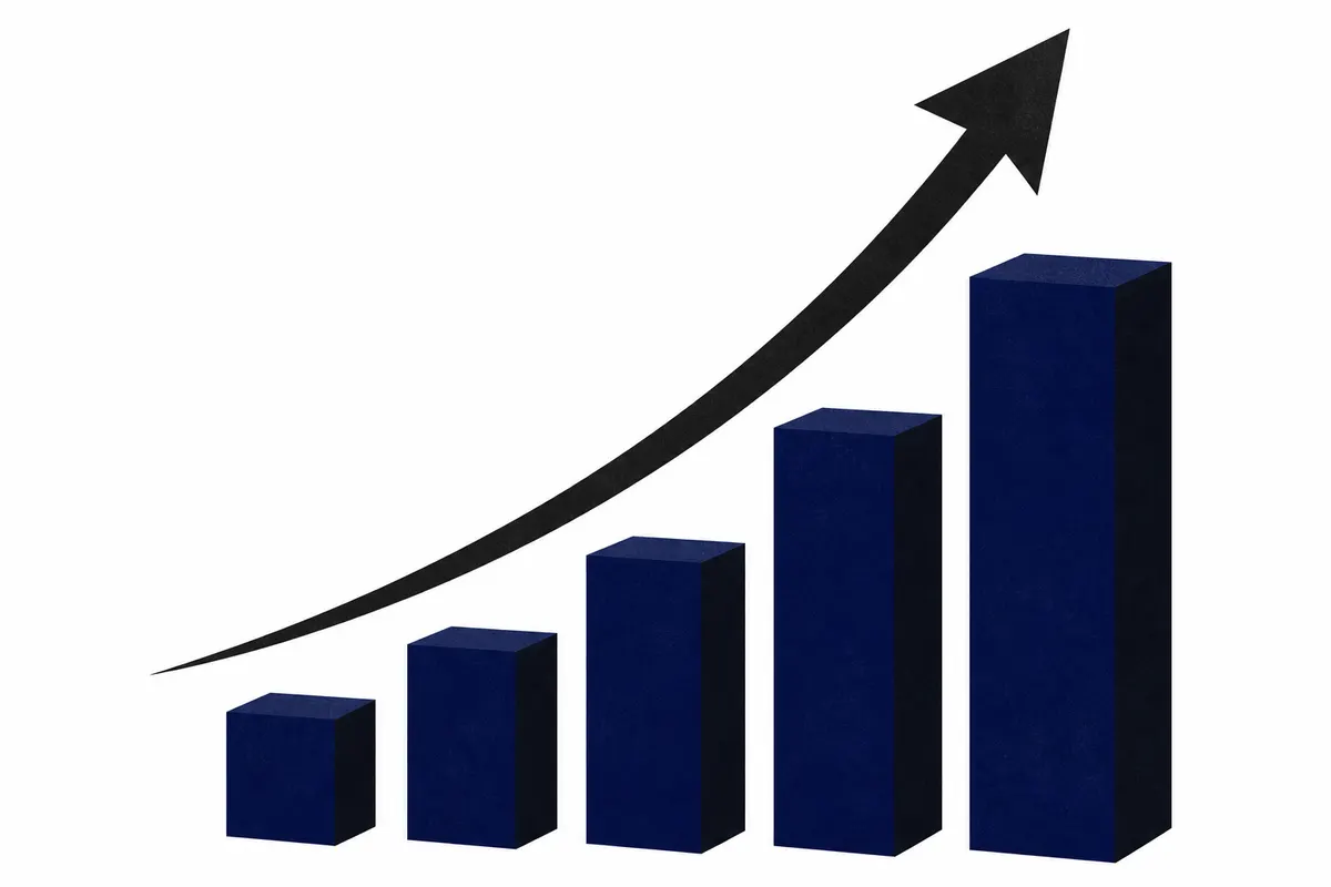 Gráfico de barras ascendente com uma seta apontando para cima, representando crescimento e sucesso em vendas, sobre um fundo branco.