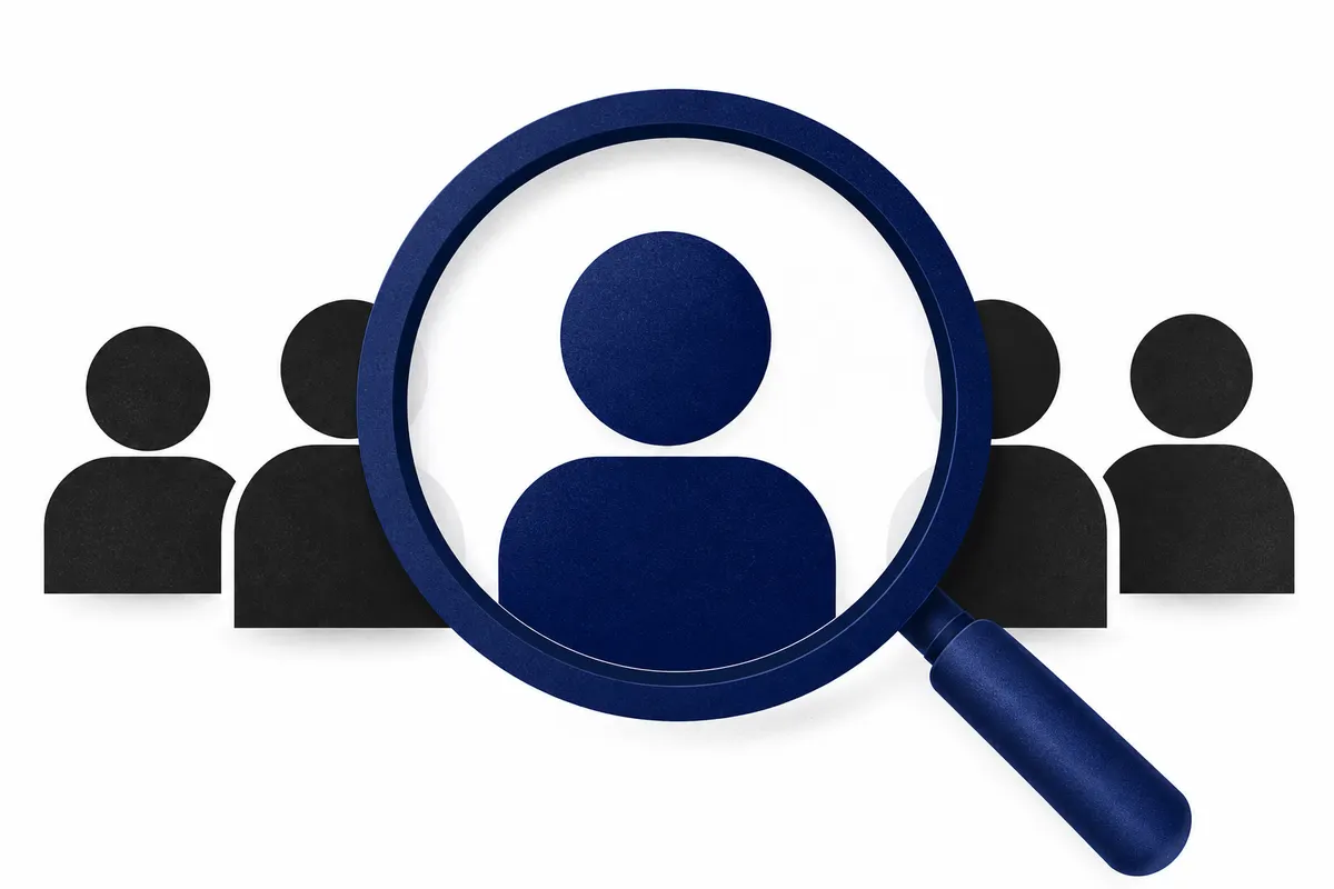 Uma lupa examinando um grupo de ícones de pessoas, destacando um ícone específico, representando a qualificação de leads.