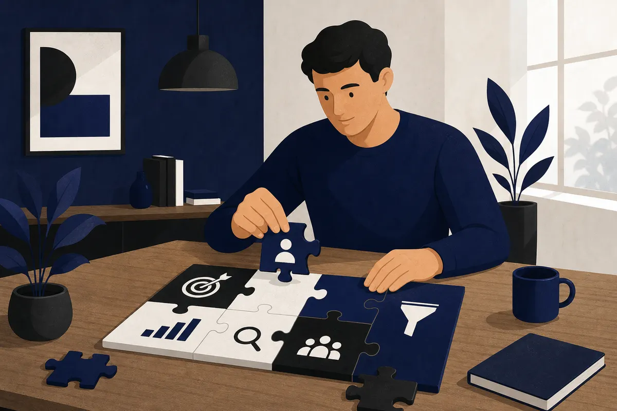 Uma pessoa colocando peças de um quebra-cabeça em um tabuleiro, simbolizando a montagem de uma estratégia eficaz de captação de leads.