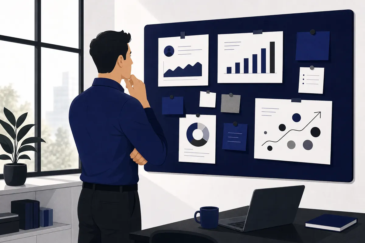 Uma pessoa pensativa olhando para um quadro com anotações e gráficos, representando a busca por ajuda profissional em captação de leads.