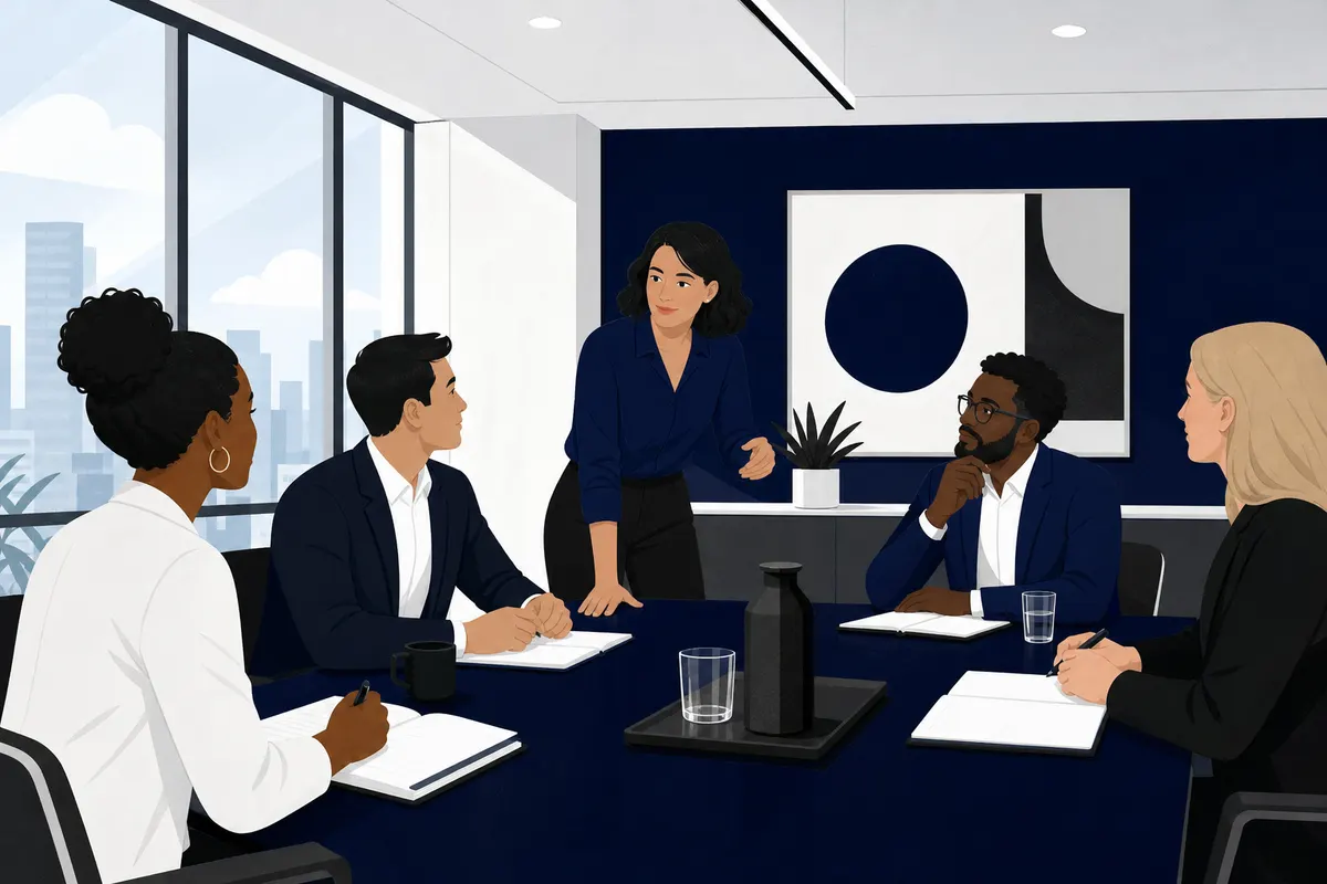 Um grupo de pessoas em uma reunião de negócios discutindo ideias em uma sala de conferências.