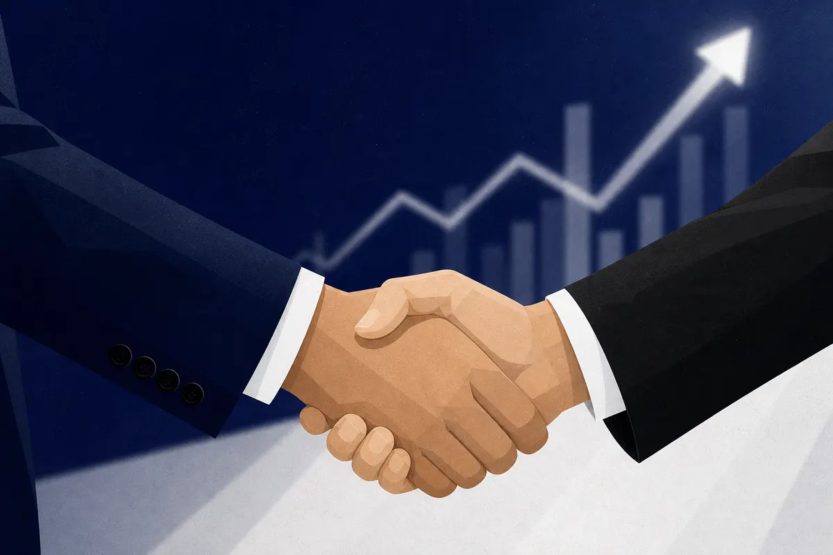 Um aperto de mão entre dois empresários em frente a um gráfico de crescimento abstrato.