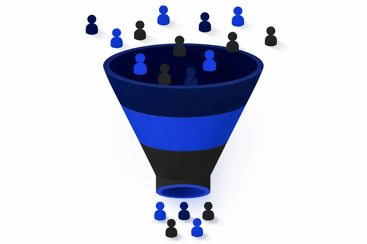 Um funil de marketing com leads entrando no topo e se transformando em clientes na saída.
