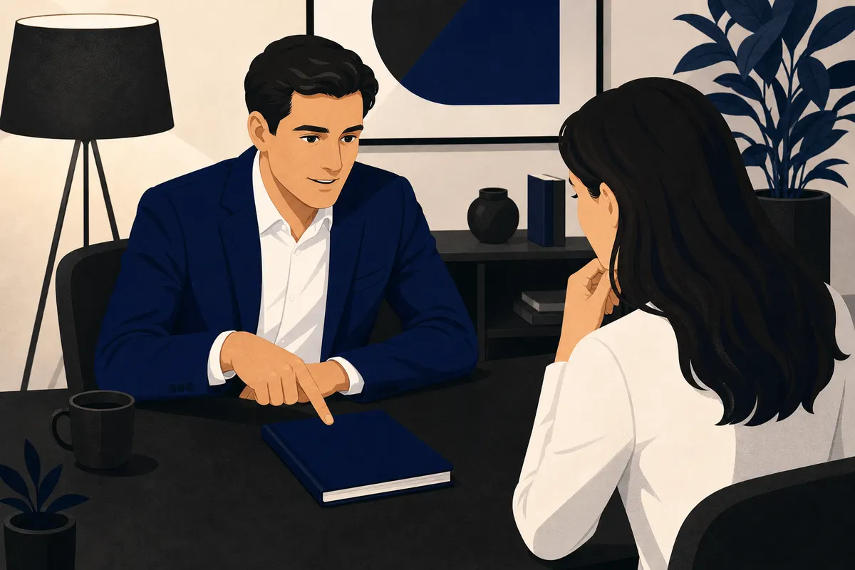 Um consultor explicando um gráfico para um cliente em um escritório.