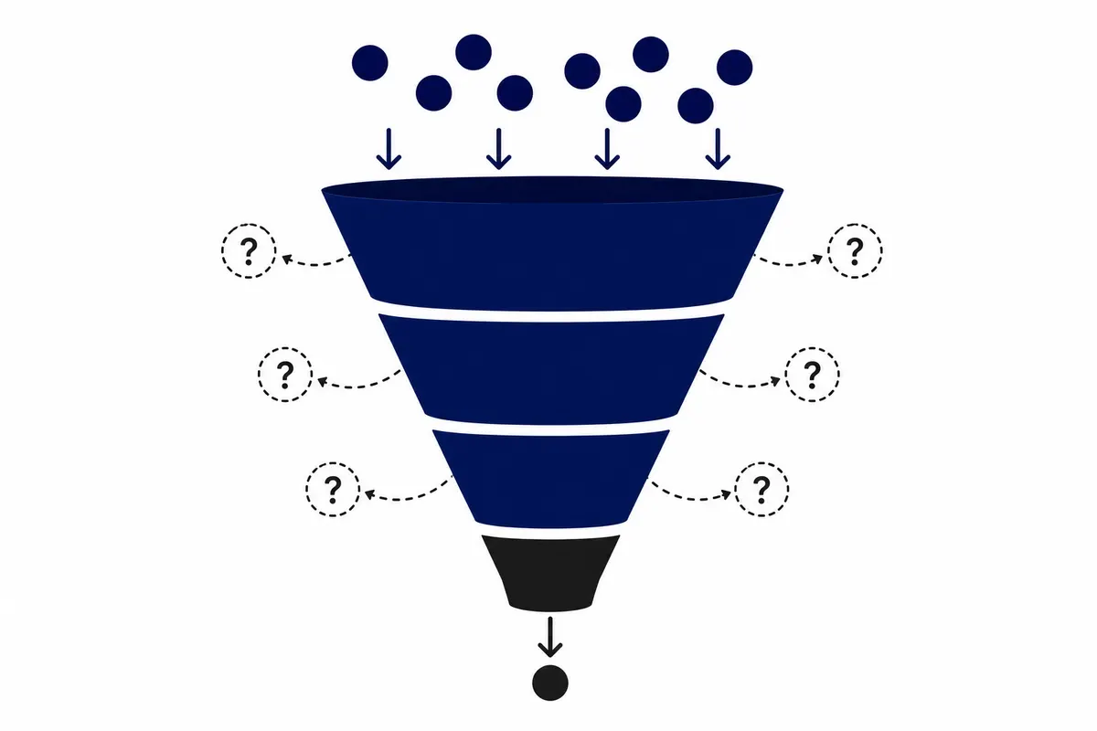 Um diagrama de funil de vendas simplificado com setas indicando fluxo e alguns pontos de interrogação em áreas de possível perda.