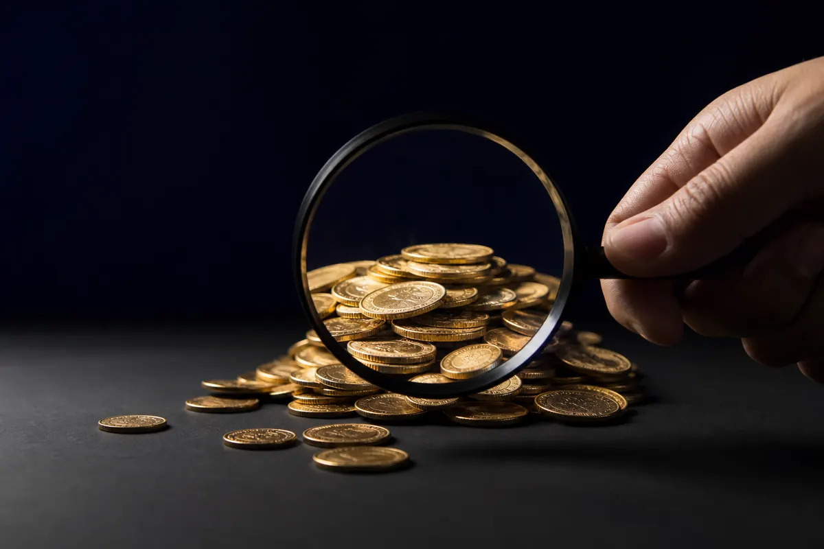 Uma mão segurando uma lupa sobre uma pilha de moedas de ouro, com algumas moedas caindo para fora.