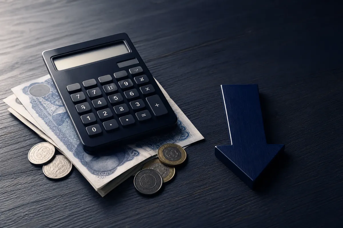 Uma calculadora sobre notas de dinheiro e moedas, com uma seta apontando para baixo ao lado.
