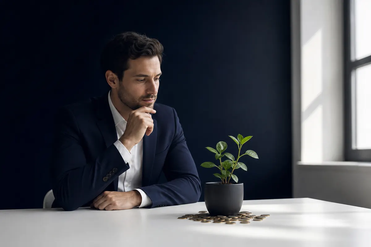 Um homem de negócios pensativo olhando para uma planta crescendo em um vaso, com moedas ao redor da base.