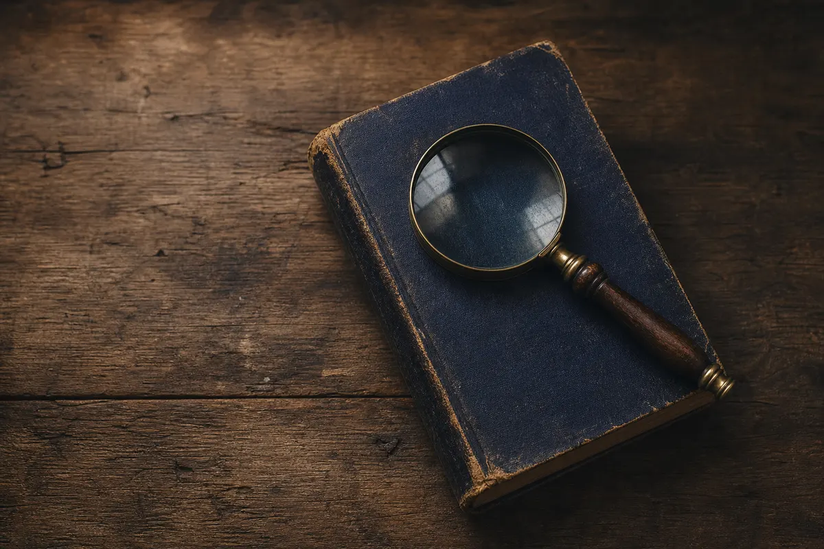 Um close-up de um livro antigo fechado, com uma lupa pousada sobre ele.