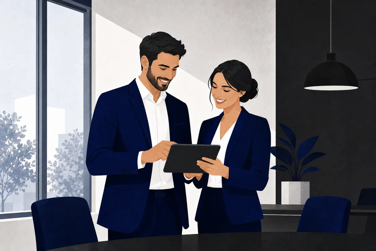 Um homem e uma mulher de negócios sorrindo e olhando para um tablet em uma sala de reuniões moderna.