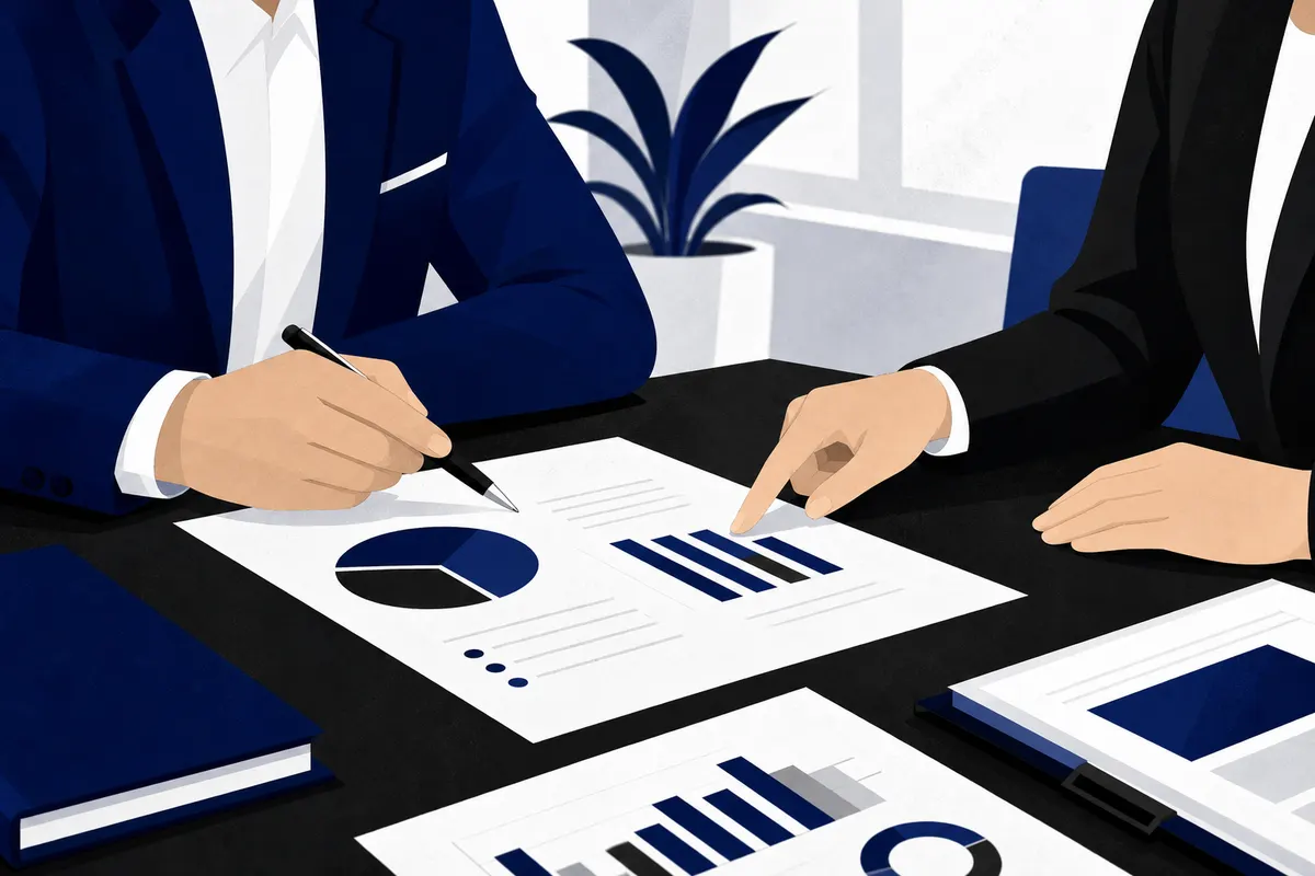 Duas pessoas de negócios em uma mesa discutindo documentos com gráficos.