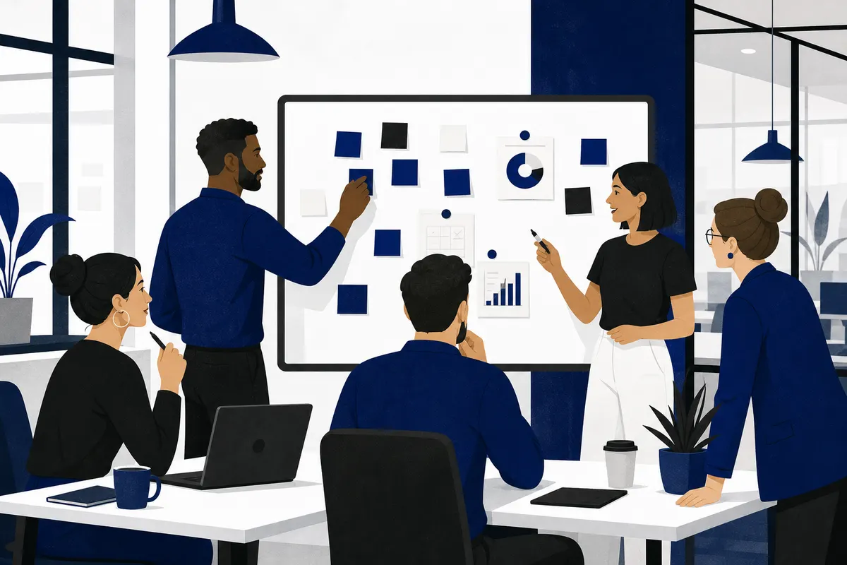 Um grupo de profissionais de marketing e vendas em uma sala de conferências, colaborando em um quadro branco.