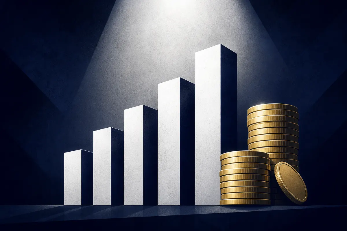 Gráfico de barras ascendente com moedas de ouro empilhadas ao lado, simbolizando crescimento financeiro.