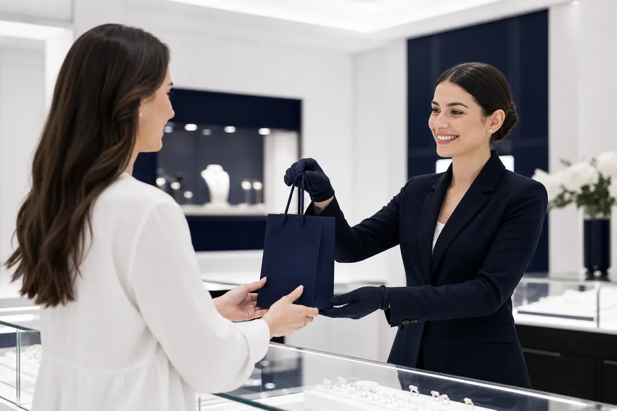Um vendedor sorridente entrega uma sacola de joias para um cliente satisfeito em uma loja elegante.