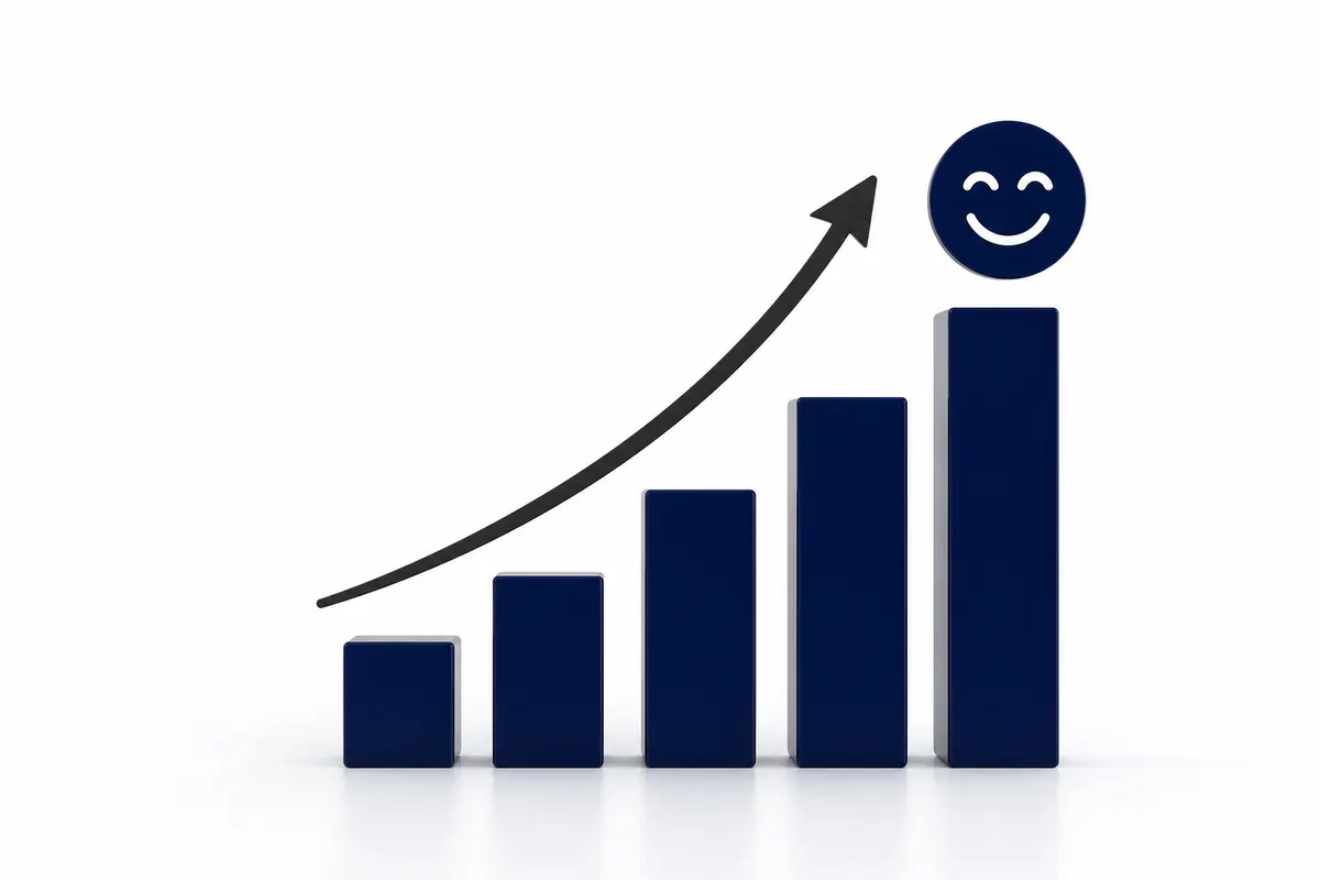 Um gráfico de barras simples mostrando crescimento em um fundo branco, representando a satisfação do cliente.