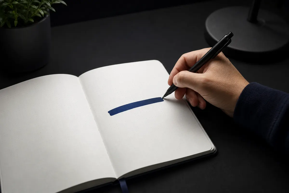 Uma pessoa escrevendo em um caderno com a palavra "Melhoria" em destaque, simbolizando o próximo passo.