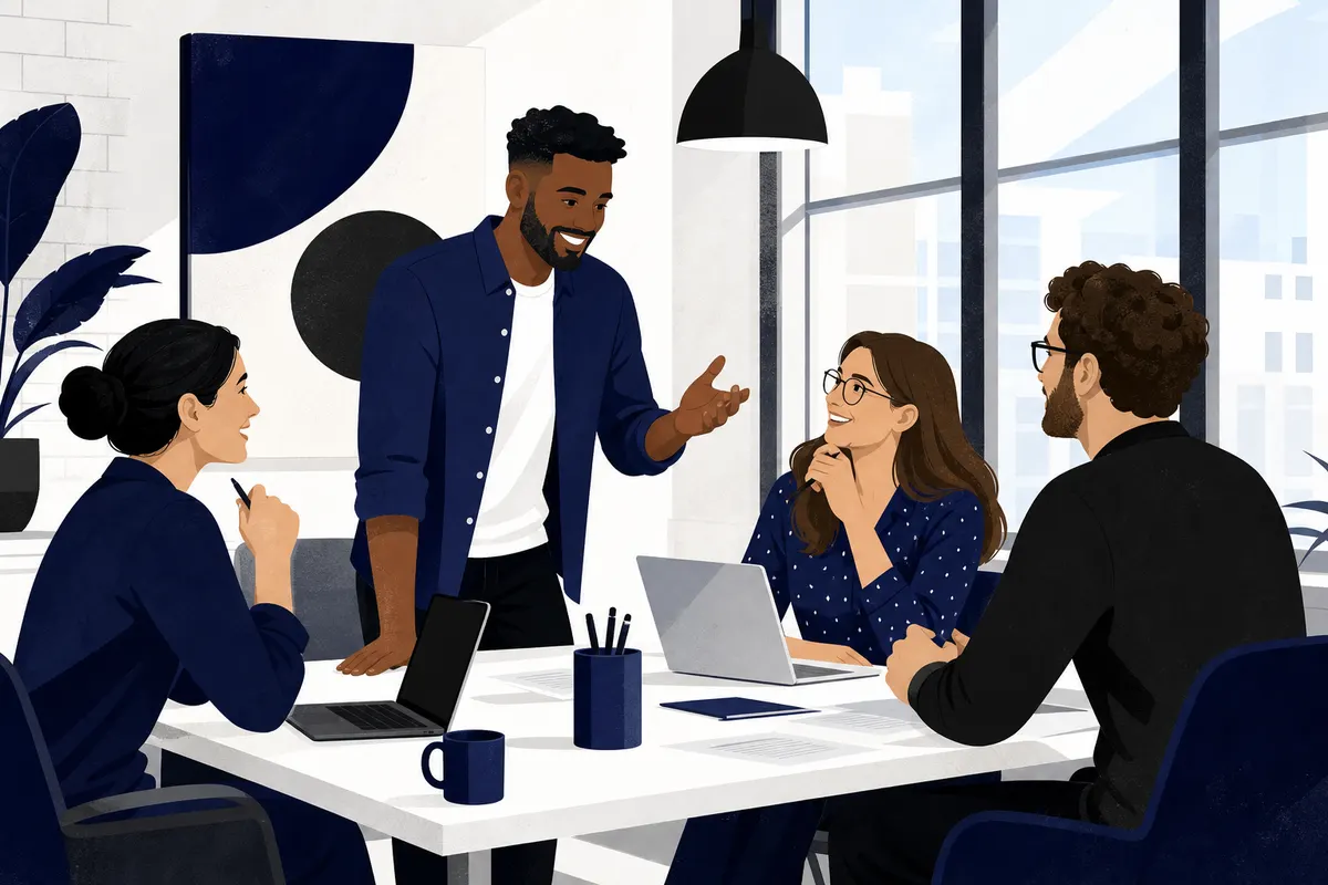 Um grupo de pessoas diversas em um ambiente de escritório moderno, sorrindo e interagindo durante uma reunião de brainstorming.